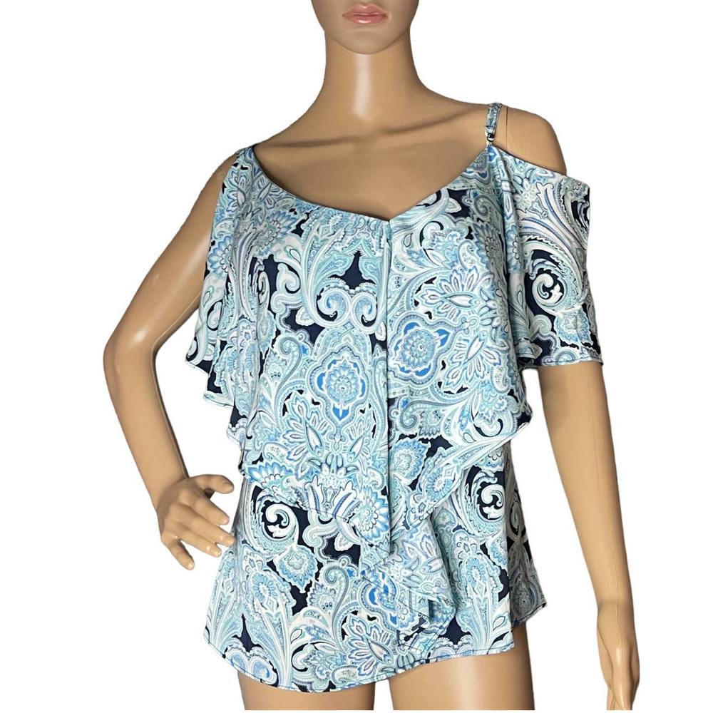 GIGI PARKER WOMENS COLD SHOULDER BLOUSE PAISLEY AQUA XS NEW‎ WITH TAGS